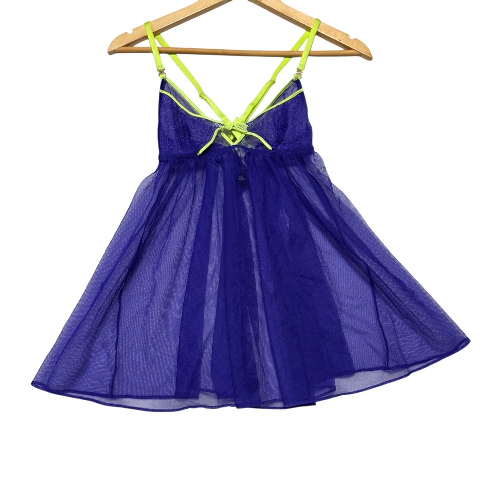 Victoria's Secret Babydoll Lingerie Womens Small Purple Neon Yellow Mesh Lace
